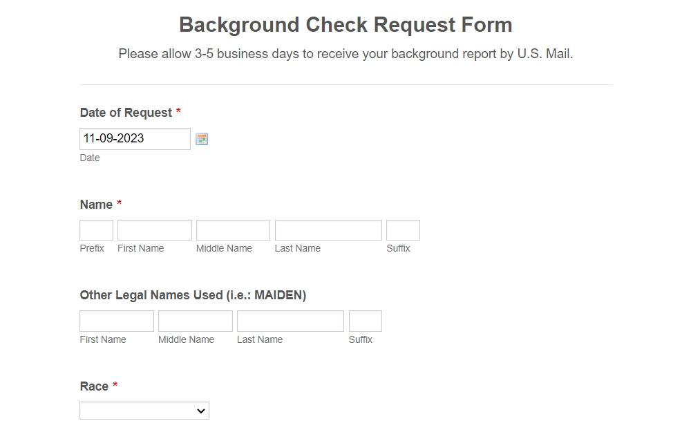Screenshot of a section of the background check request form showing fields for date of request, name, other legal name, and race.