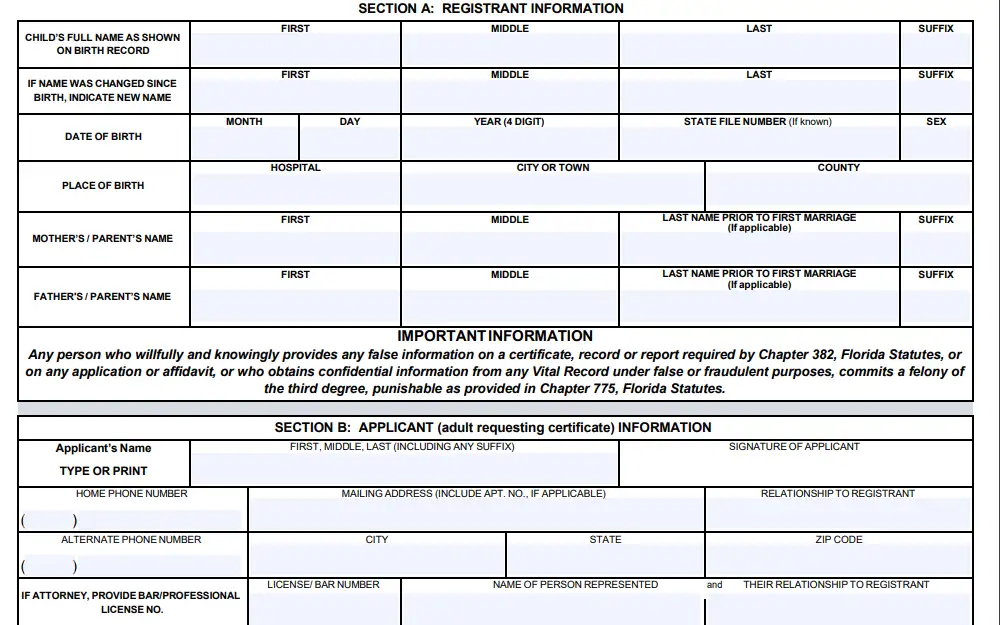Screenshot of sections of the birth record application form with fields for child's full name on record, name if changed, date and place of birth, names of parents, applicant name and signature, mailing address, and a provision for attorney's license number if applicable.