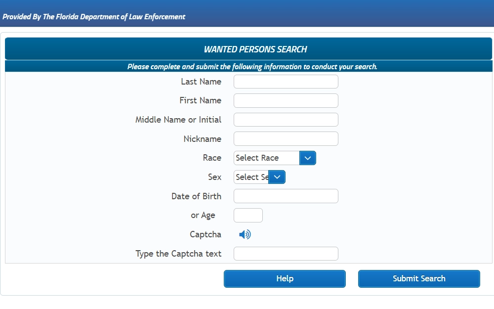 Screenshot of a wanted person search tool with fields for first, middle, and last name, nickname, race, sex, date of birth, and age.