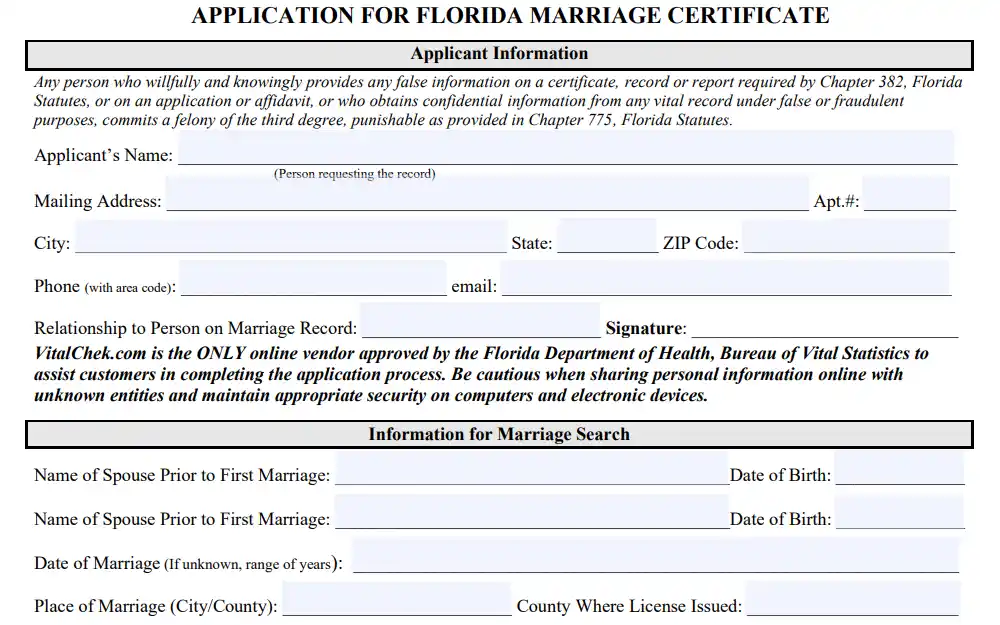 Screenshot of sections of the marriage certificate application form with fields for applicant information, including name, address, contact information, relationship to the person on record, signature, information for marriage search, names of spouses prior to first marriage, dates of births, place and date of marriage, and county where license was issued.