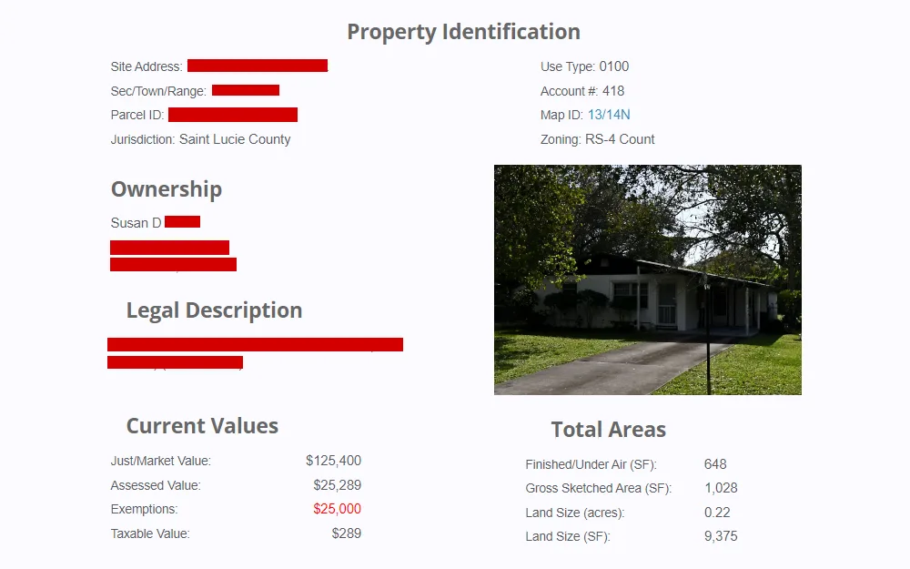 Screenshot of a property identification document showing property details, including owner's name and mailing address, details on structures located on the property, assessed values, tax estimates, and a photograph.