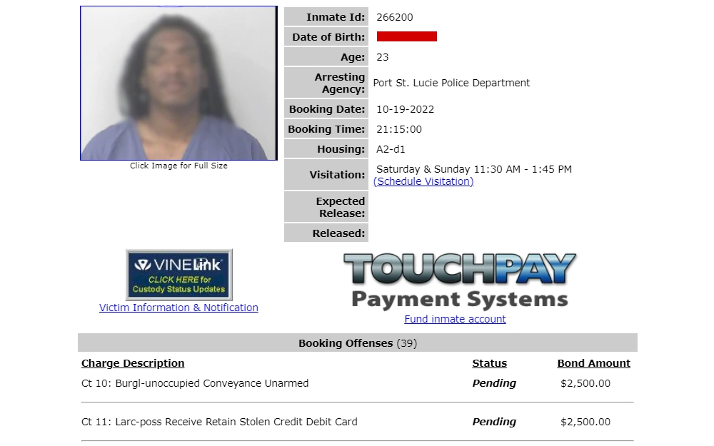 Screenshot of an inmate profile showing the inmate ID, date of birth, age, arresting agency, booking date and time, housing and visitation details, expected release or release date, charge description, status, and bond amount.