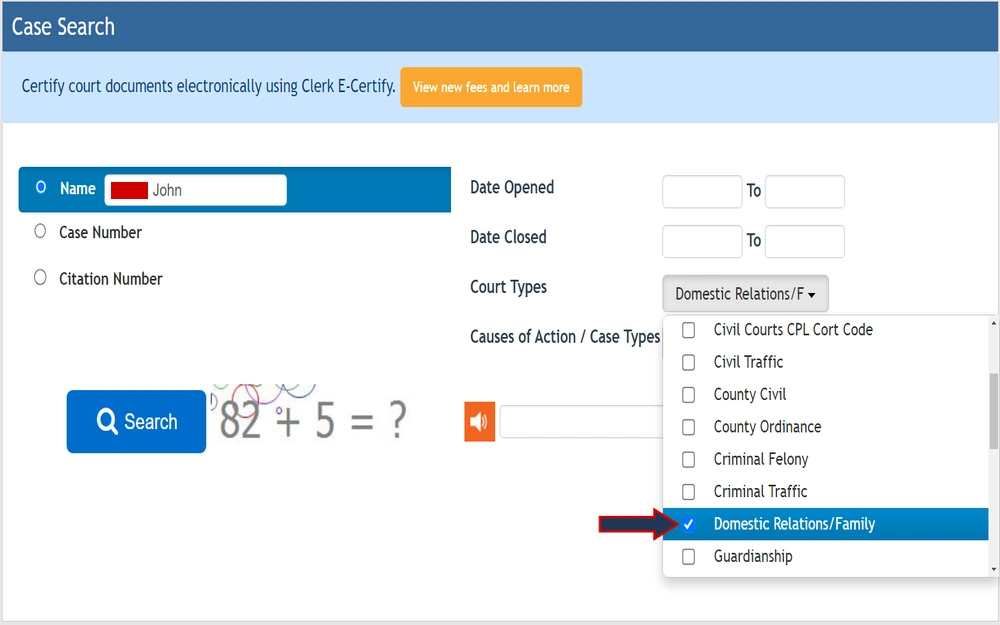 A screenshot of the St. Lucie County Clerk of the Circuit Court and Comptroller search portal, where users can enter a name, case number, or citation number, specify the date range for case opening and closing, and filter by various court and case types including domestic relations/family matters.