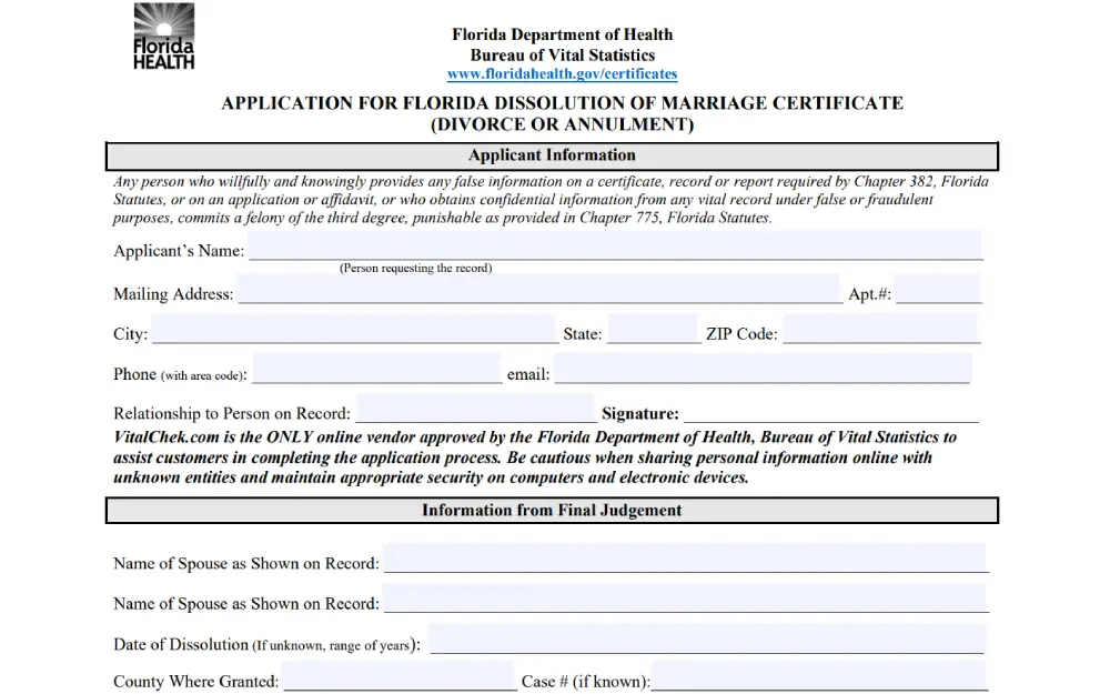 A screenshot of a health department form for legally ending a marriage, requiring the applicant's details, the spouse's name as recorded, date of the event, and specific location where it was granted, with a notice about the legal ramifications of providing false information.