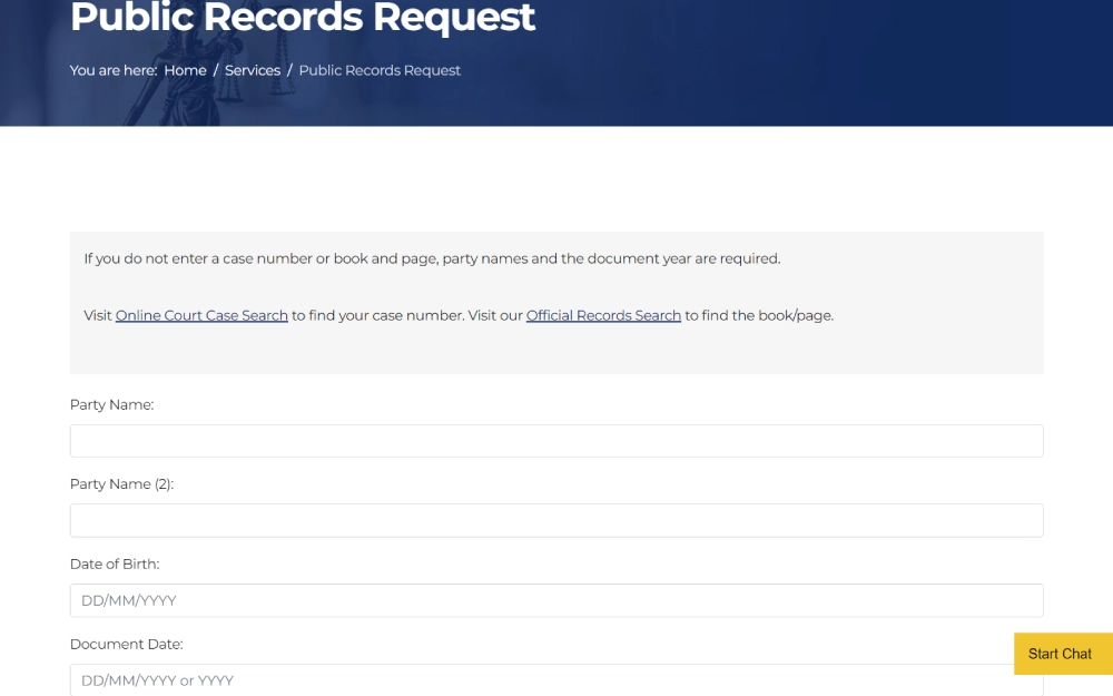 A screenshot of official records database, asking for specific details such as party names, dates of birth, and document dates to assist users in obtaining required information without mentioning specific record types.
