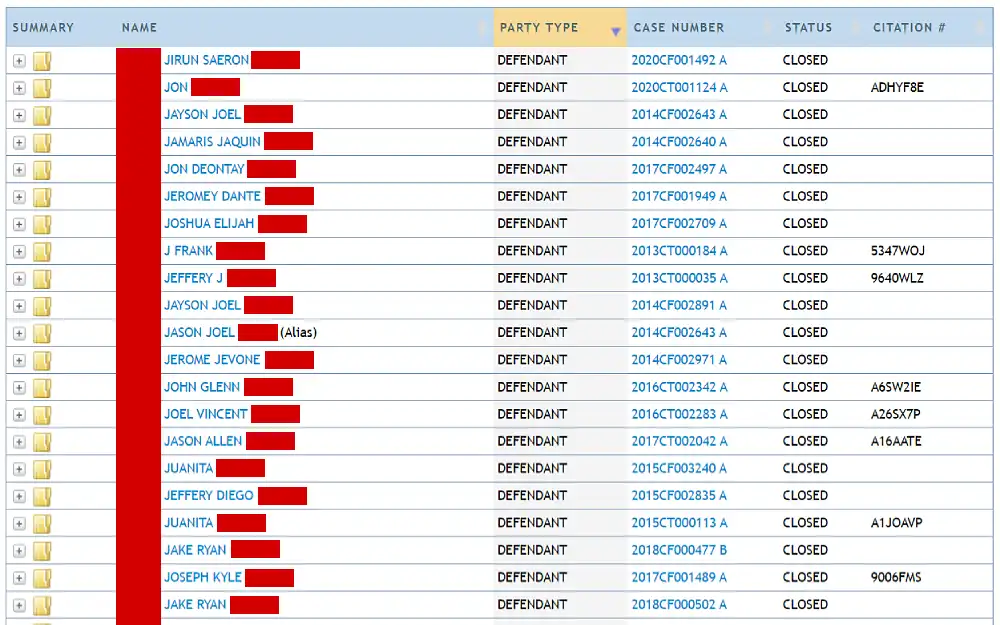 A screenshot shows a case search result with information including complete name, party type, case number, status, citation number and a clickable folder icon to view the summary of the selected case from the St. Lucie County Clerk of the Circuit Court & Comptroller website.