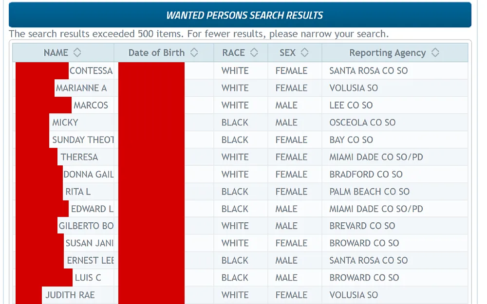A screenshot displaying a wanted person search result listing the complete name, date of birth, race, sex and reporting agency from the Florida Department of Law Enforcement website.