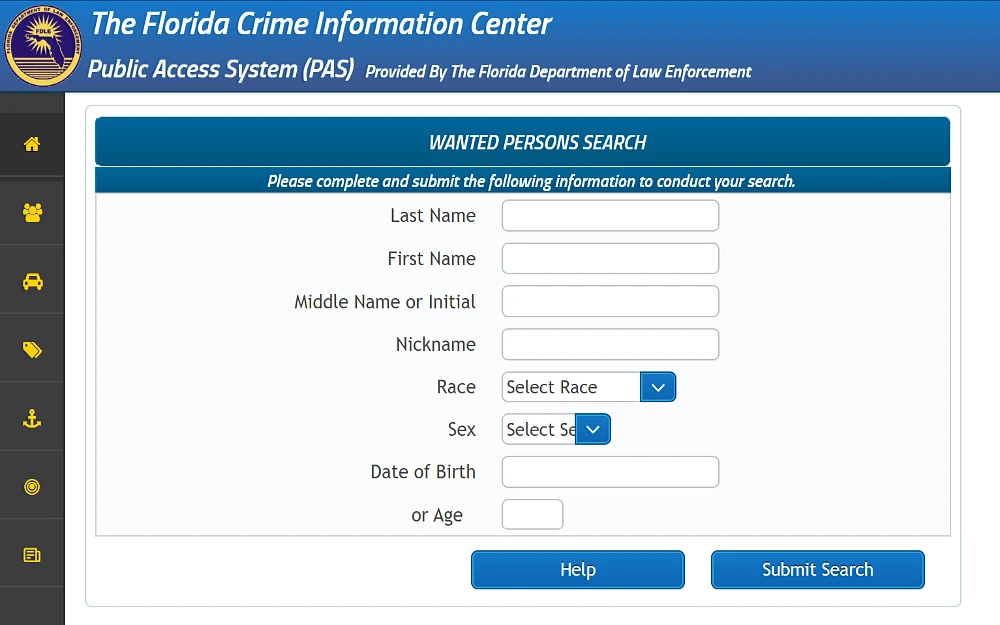A screenshot of the wanted persons search from the Florida Department of Law Enforcement website with search criteria options such as last name, first name, middle name or initial, nickname, date of birth and age, and dropdown box selection of race and sex.